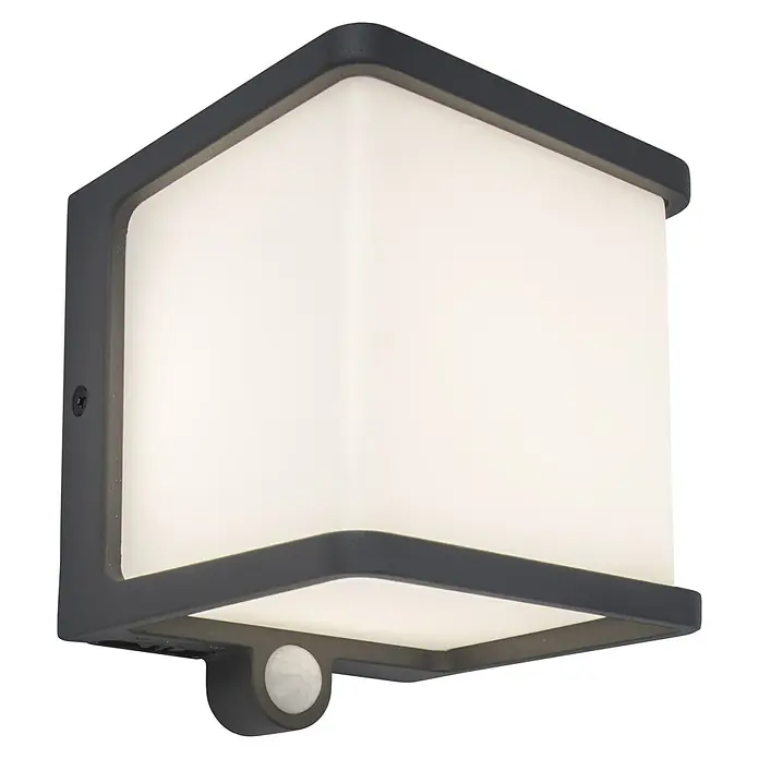 Lutec Doblo Solar-Außenwandleuchte - 7,5 W, L x B x H: 12,9 x 11 x 11 cm, IP54, 500 lm - Graue, würfelförmige Wandleuchte mit Bewegungsmelder. Das Licht ist hell und gleichmäßig durch den weißen Lampenschirm.