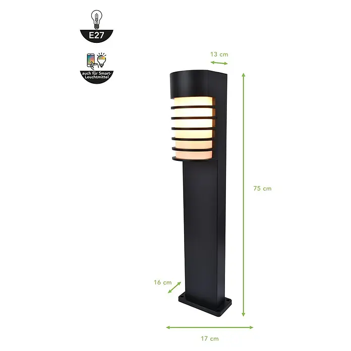 Lutec Außensockelleuchte Fulton - 40 W, Farbe Gehäuse: Schwarz matt, 17 x 16 x 75 cm, Ohne Leuchtmittel - Abbildung einer schwarzen Sockelleuchte mit E27-Fassung und Smart-Home-Funktion. Die Leuchte ist 75 cm hoch und beleuchtet Gärten stilvoll.