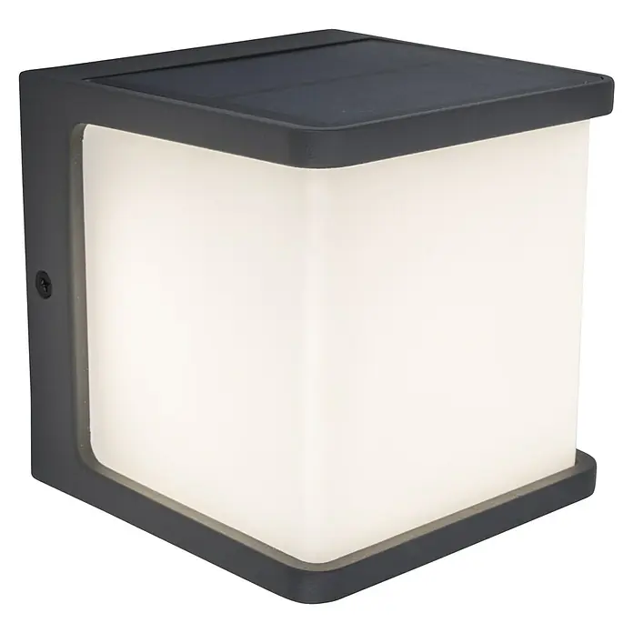 Lutec Doblo Solar-Außenwandleuchte - 7,5 W, L x B x H: 12,9 x 11 x 11 cm, IP54, 500 lm - Moderne graue Solar-Wandleuchte mit quadratischem, weißem Lampenschirm, ideal für den Außenbereich.