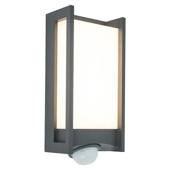 Lutec Qubo LED-Außenwandleuchte - 14 W, 10,6 x 11 x 27 cm, Anthrazit, IP54, Bewegungsmelder - Nahaufnahme einer grauen Außenwandleuchte mit Bewegungsmelder und rechteckigem Design.