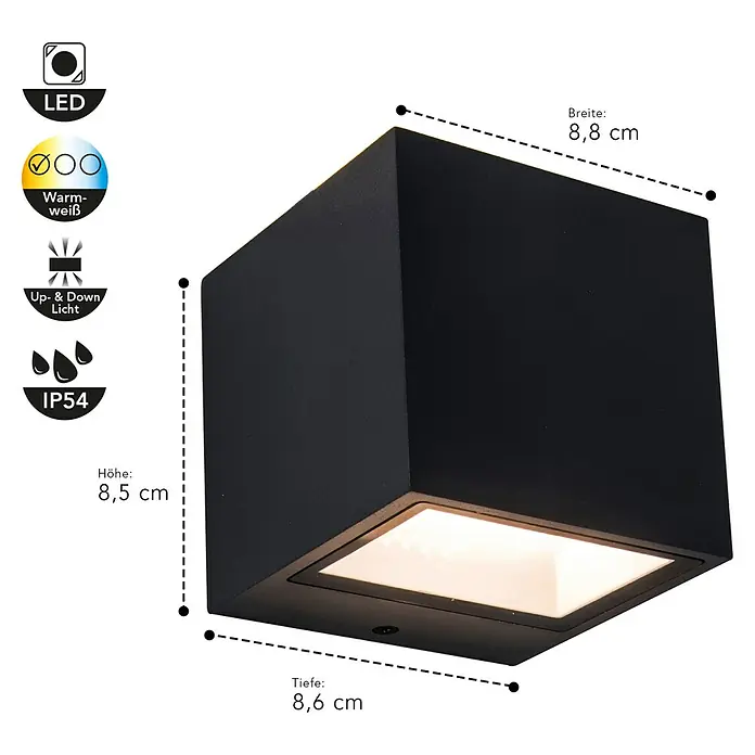 Lutec LED-Außenwandleuchte Gemini - 9 W, 8,8 x 8,5 x 8,6 cm, Schwarz matt, IP54 - Das Bild zeigt eine schwarze, würfelförmige LED-Wandleuchte mit den Maßen 8,8 x 8,5 x 8,6 cm. Die Lampe strahlt warmweißes Licht nach oben und unten ab.