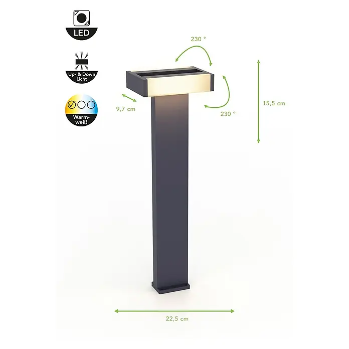Lutec Conroy Außensockelleuchte - 17,8 W, Farbe Gehäuse: Anthrazit, Warmweiß, 71,5 x 22,5 x 15,5 cm, Mit Leuchtmittel - Nahaufnahme einer modernen LED-Wegeleuchte in Anthrazit, die warmweißes Licht ausstrahlt und sowohl nach oben als auch nach unten leuchtet.