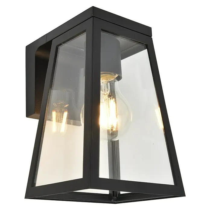 Lutec Solar-Außenwandleuchte Fia - 2 W, L x B x H: 16,4 x 14 x 20,7 cm, Schwarz, IP44, 150 lm - Nahaufnahme einer schwarzen Außenwandleuchte mit klaren Glasscheiben und einer Edison-Glühbirne, die ein warmes Licht ausstrahlt.