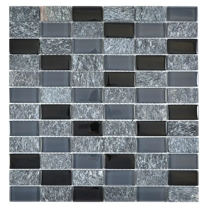 Mosaikfliese Crystal Mix XCM MS816 - 32,2 x 31 cm, Schwarz/Grau, Glänzend - Bild einer Wandfliese mit dunklen und grauen Mustern.