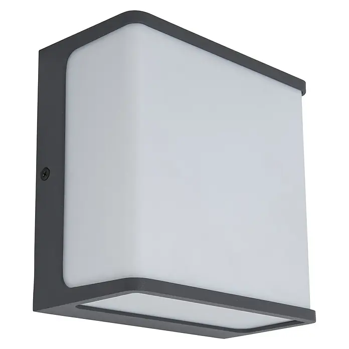 Lutec Doblo LED-Außenwandleuchte DOBLO - 9 W, 8 x 15 x 15 cm, Schwarz-matt, IP54 - Nahaufnahme einer modernen, rechteckigen Wandleuchte mit grauem Rahmen und weißem Diffusor.