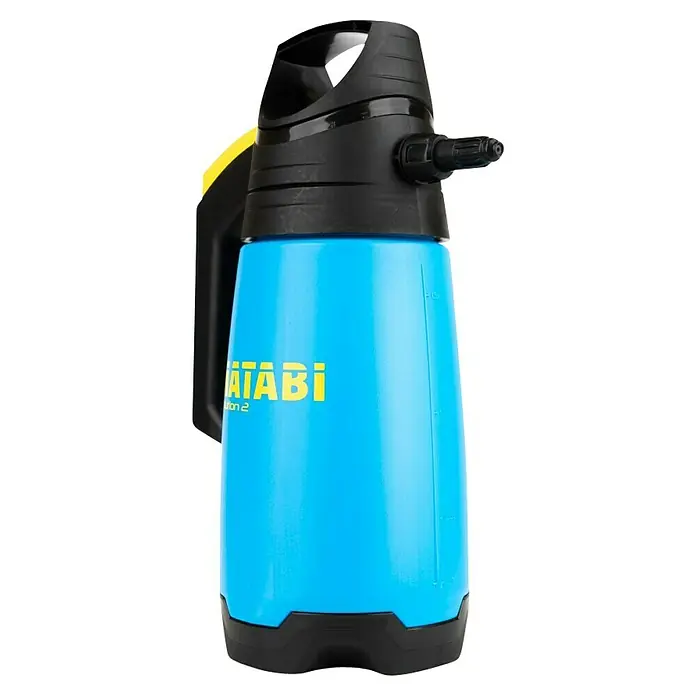 Matabi Sulfatadora Evolution 2 - Plástico - Un pulverizador a presión azul y negro con letras amarillas, ideal para jardinería y otras aplicaciones de pulverización.