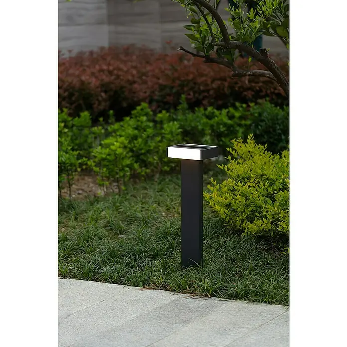 Lutec Conroy Außensockelleuchte - 17,8 W, Farbe Gehäuse: Anthrazit, Warmweiß, 71,5 x 22,5 x 15,5 cm, Mit Leuchtmittel - Gartenbild mit einem schwarzen, leuchtenden LED-Poller zwischen Grünpflanzen. Dekorative Gartenbeleuchtung für den Außenbereich.