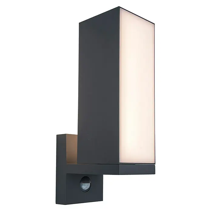 Lutec Cuba LED-Außenwandleuchte - 13 W, 14,6 x 9,3 x 30,8 cm, Anthrazit, IP54 - Eine moderne, graue Außenwandleuchte mit Bewegungsmelder und einem länglichen, leuchtenden Paneel für den Außenbereich.