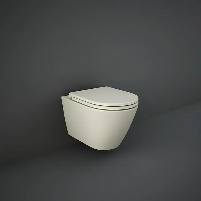 RAK Ceramics Feeling Wand-WC - Spülrandlos, Ohne Spezialglasur, Spülform: Tief, WC Abgang: Waagerecht, Greige, Matt - Elegante, wandhängende Toilette in sanftem Beigeton, die modernes Design und Funktionalität im Badezimmer vereint und ein stilvolles Ambiente schafft.