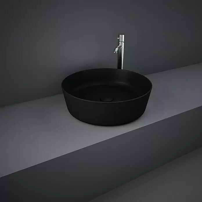 RAK Ceramics Feeling Aufsatzwaschbecken - Durchmesser: 42 cm, Ohne Spezialglasur, Hahnloch: Ohne, Ohne Überlauf, Schwarz, Matt - Stimmungsaufnahme