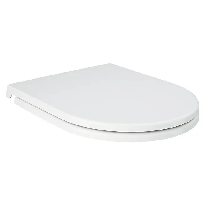 RAK Ceramics Feeling Wand-WC-Set - Komplettset, Spülrandlos, Ohne Spezialglasur, Spülform: Tief, WC Abgang: Waagerecht, Weiß - Nahaufnahme eines weißen WC-Sitzes mit elegantem Design. Der hochwertige Sitz bietet Komfort und fügt sich nahtlos in jedes Badezimmer ein.