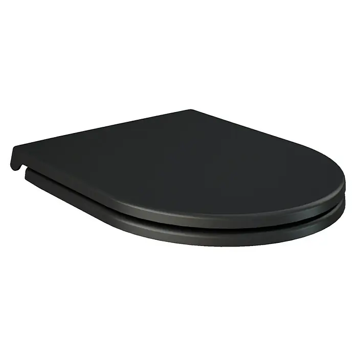 RAK Ceramics Feeling Wand-WC-Set - Spülrandlos, Ohne Spezialglasur, Spülform: Tief, WC Abgang: Waagerecht, Schwarz - Schwarzer WC-Sitz mit abgerundeten Kanten. Das schlichte Design des WC-Sitzes fügt sich nahtlos in jedes moderne Badezimmer ein.