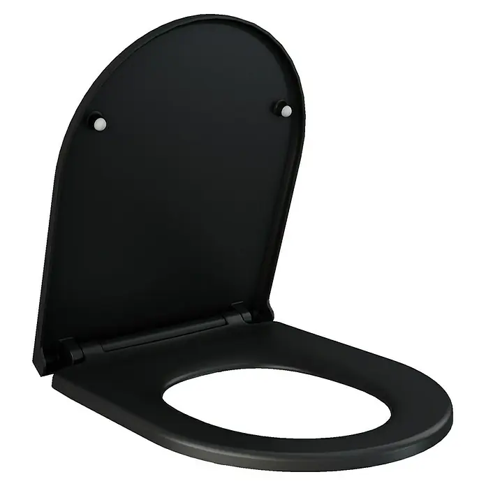 RAK Ceramics Feeling Wand-WC-Set - Spülrandlos, Ohne Spezialglasur, Spülform: Tief, WC Abgang: Waagerecht, Schwarz - Schwarzer Toilettensitz mit ovaler Öffnung und verchromten Scharnieren für eine einfache Installation auf Standardtoiletten.