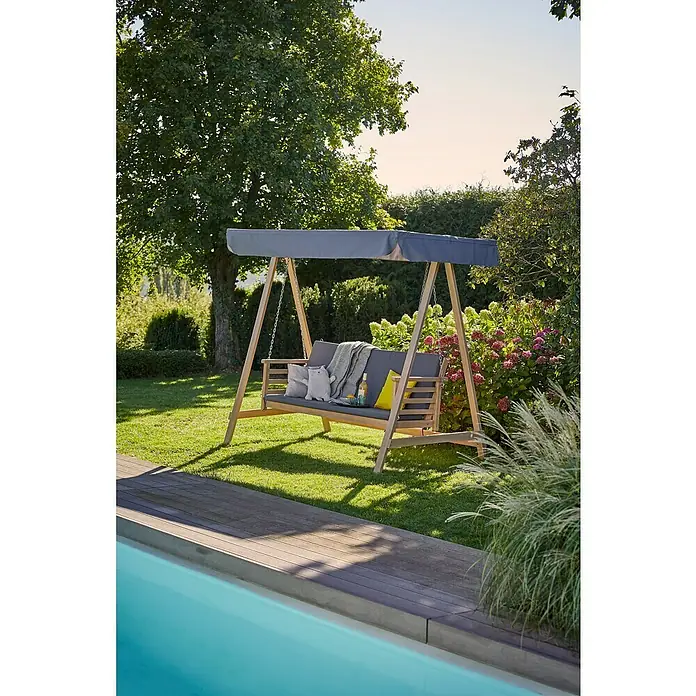 Sunfun Diana Hollywoodschaukel - 217 x 132 x 202 cm, Braun/Grau - Die elegante Hollywoodschaukel im Garten lädt zum Verweilen ein. Die Holzschaukel mit grauem Dach bietet Schatten und Komfort für entspannte Stunden im Freien.