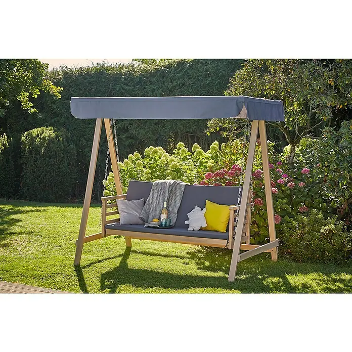 Sunfun Diana Hollywoodschaukel - 217 x 132 x 202 cm, Braun/Grau - Einladende Hollywoodschaukel mit grauen Polstern, Decke und Kissen im Garten, ideal zum Entspannen und Genießen der Natur.