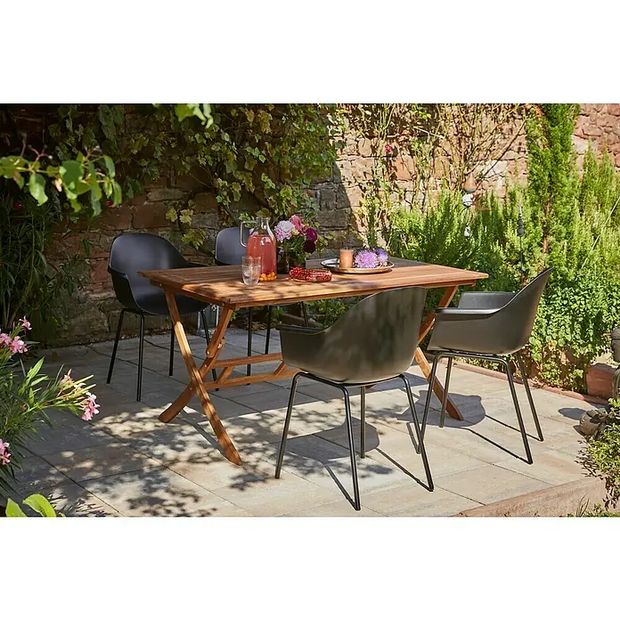Sunfun Gartenmöbel-Set Diana/My - 5 -tlg., Akazie, Kunststoff/Metall, Naturbraun/Schwarz - Gartentisch mit vier Stühlen.