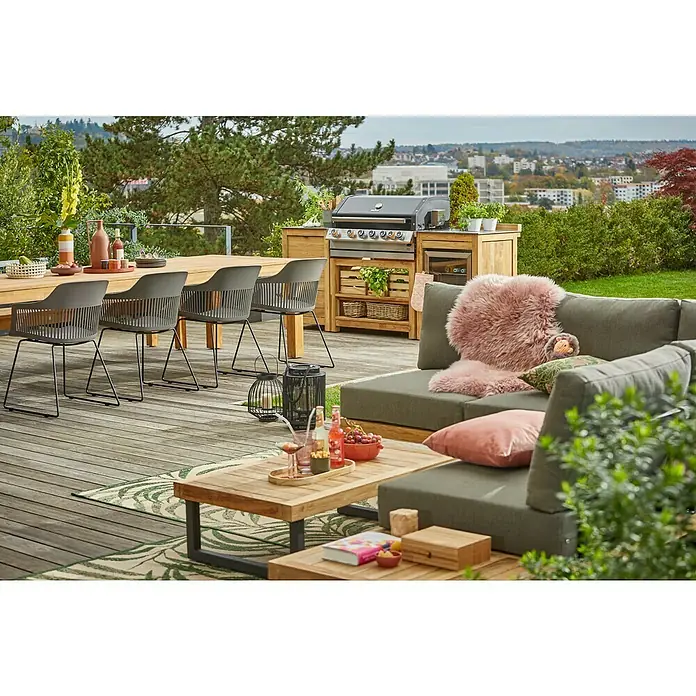 Sunfun Zoe Módulo de cocina exterior Armario con cajones - Marrón, An x Pr x Al: 58 x 63 x 92 cm, Madera de teca - Elegante zona exterior con barbacoa, mesa de madera y cómodos asientos. Ideal para tardes de verano relajantes al aire libre.