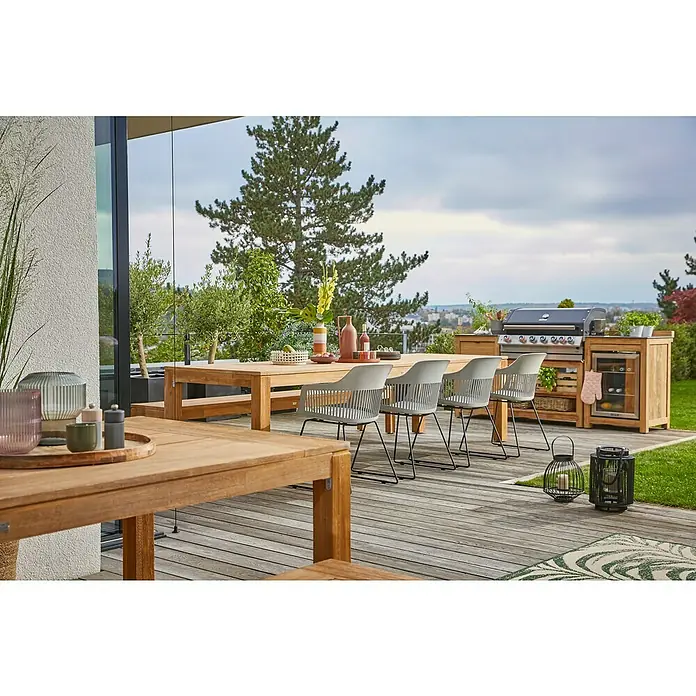 Sunfun Zoe Módulo de cocina exterior Armario con cajones - Marrón, An x Pr x Al: 58 x 63 x 92 cm, Madera de teca - Zona de comedor al aire libre con mesa de teca, sillas de diseño y barbacoa con nevera integrada para fiestas elegantes en el jardín.