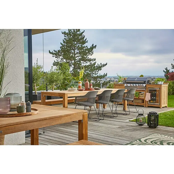 Sunfun Zoe Módulo de cocina exterior Armario con cajones - Marrón, An x Pr x Al: 58 x 63 x 92 cm, Madera de teca - Acogedor espacio exterior con mesa de teca, sillas modernas y barbacoa con mueble bajo, ideal para horas de convivencia al aire libre.