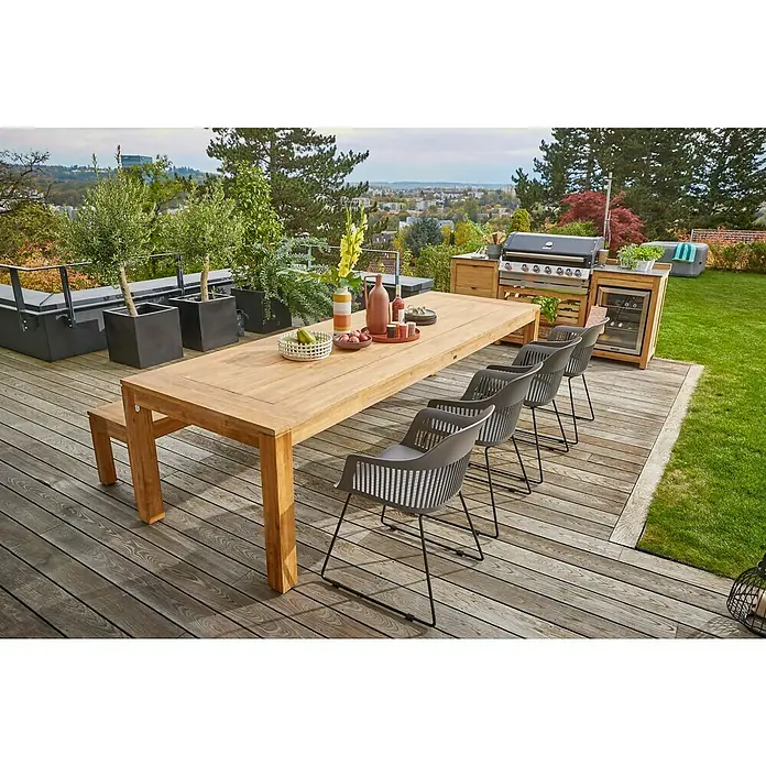 Sunfun Zoe Módulo de cocina exterior Armario con cajones - Marrón, An x Pr x Al: 58 x 63 x 92 cm, Madera de teca - Acogedor espacio exterior con una larga mesa de madera y sillas modernas. Perfecto para comer al aire libre en el jardín.