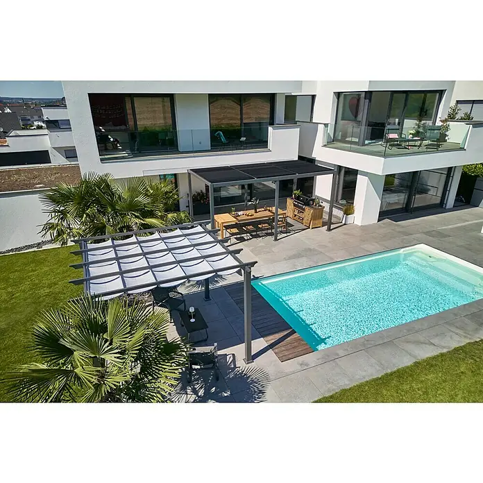 Sunfun Zoe Módulo de cocina exterior Armario con cajones - Marrón, An x Pr x Al: 58 x 63 x 92 cm, Madera de teca - Un impresionante espacio al aire libre con una elegante piscina y dos modernas pérgolas para una relajación con estilo.