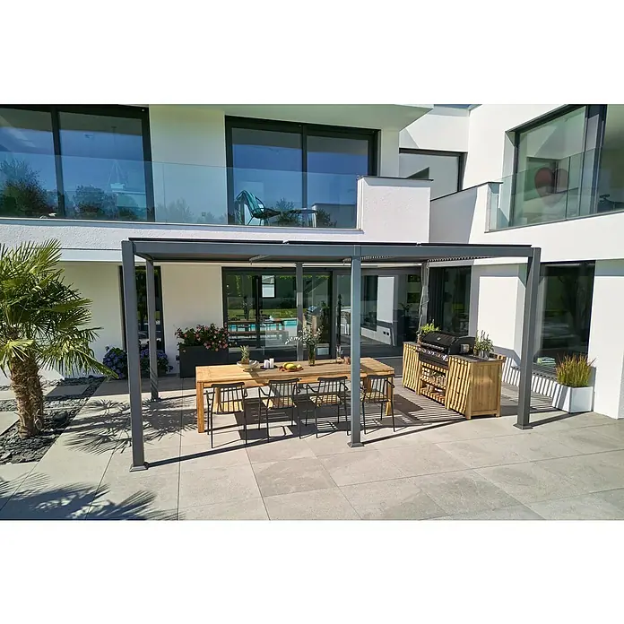 Sunfun Zoe Módulo de cocina exterior Armario con cajones - Marrón, An x Pr x Al: 58 x 63 x 92 cm, Madera de teca - Este jardín cuenta con una pérgola sobre una mesa de comedor y una zona de barbacoa, perfecto para comidas y entretenimiento al aire libre.