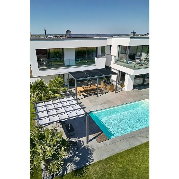 Sunfun Zoe Módulo de cocina exterior Armario con cajones - Marrón, An x Pr x Al: 58 x 63 x 92 cm, Madera de teca - Una casa moderna con piscina y pérgola ofrece una zona exterior elegante con mucho espacio para relajarse y disfrutar.