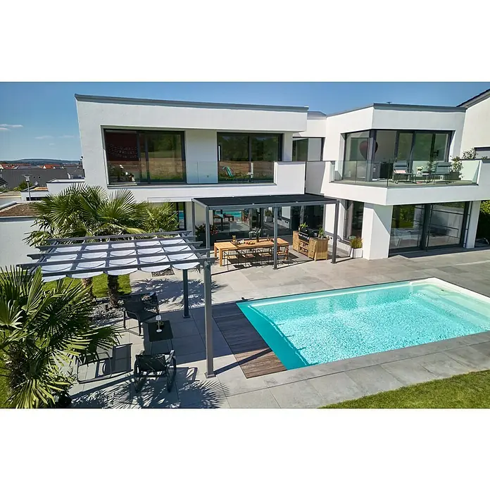 Sunfun Zoe Módulo de cocina exterior Armario con cajones - Marrón, An x Pr x Al: 58 x 63 x 92 cm, Madera de teca - Diseño moderno de patio con piscina, pérgola y elegantes muebles de jardín frente a una elegante casa.
