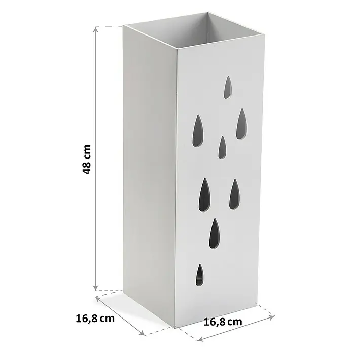 Versa Paragüero Drops - L x An x Al: 15,5 x 15,5 x 49 cm, Blanco - Un paragüero gris, cuadrado, con recortes decorativos en forma de lágrima e indicaciones de dimensiones de altura y anchura.