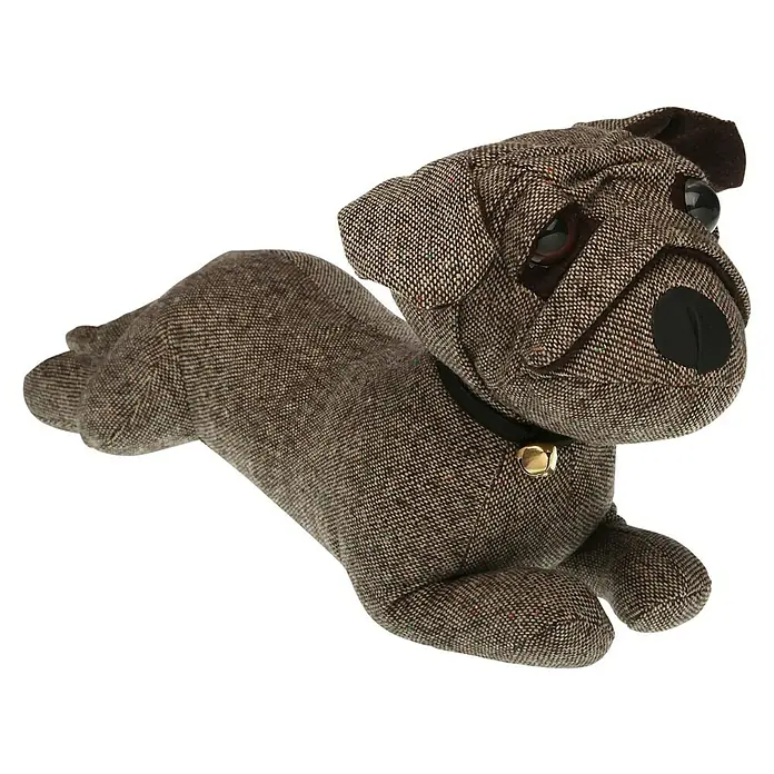Versa Tope de puerta Perro - L x An x Al: 43 x 15 x 20 cm, Marrón - Bulldog francés de peluche marrón con collar negro y cascabel dorado, un peluche encantador y decorativo para cualquier habitación.