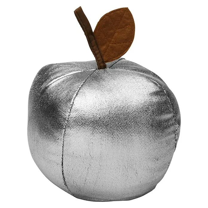 Versa Tope de puerta Manzana - Ø x Al: 14 x 20 cm, Plateado - Manzana plateada como decoración. El peluche brillante tiene un tallo y una hoja marrones, ideal para un hogar moderno.