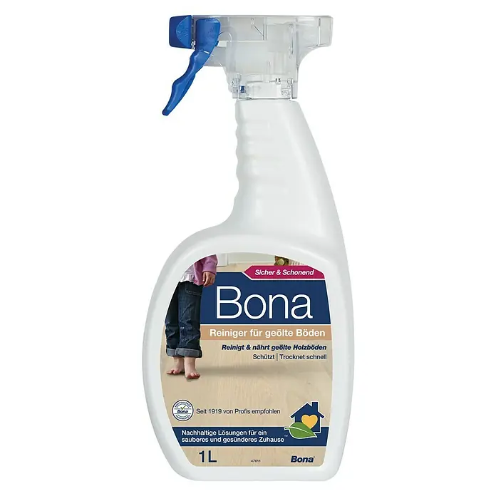 Bona Bodenreiniger Reiniger für geölte Böden - 1 l, Flasche mit Sprühkopf - Abbildung einer Sprühflasche Bona Reiniger für geölte Böden, ideal für die sichere und schonende Reinigung von Holzböden.