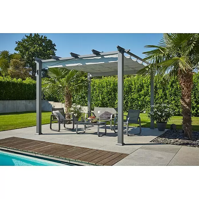 Sunfun Raffpavillon Kreta - B x T: 333 x 318 cm, Farbe Dach: Hellgrau - Graue Pergola mit ausziehbarem Verdeck beschattet eine Terrasse mit Sitzgelegenheiten am Pool.