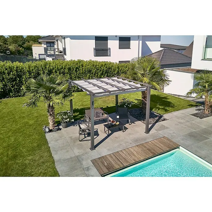 Sunfun Raffpavillon Kreta - B x T: 333 x 318 cm, Farbe Dach: Hellgrau - Die stilvolle Pergola mit bequemen Gartenmöbeln lädt zum Verweilen im Freien ein. Der Pool sorgt für eine willkommene Abkühlung an warmen Tagen.