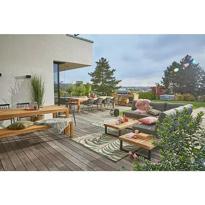 Sunfun Zoe Cocina exterior Armario bajo - Marrón, An x Pr x Al: 93 x 57,5 x 66 cm, Madera de teca - Diseño de terraza acogedor con mesa de comedor, muebles de salón y parrilla. La zona exterior está elegantemente amueblada para horas de relax al aire libre.