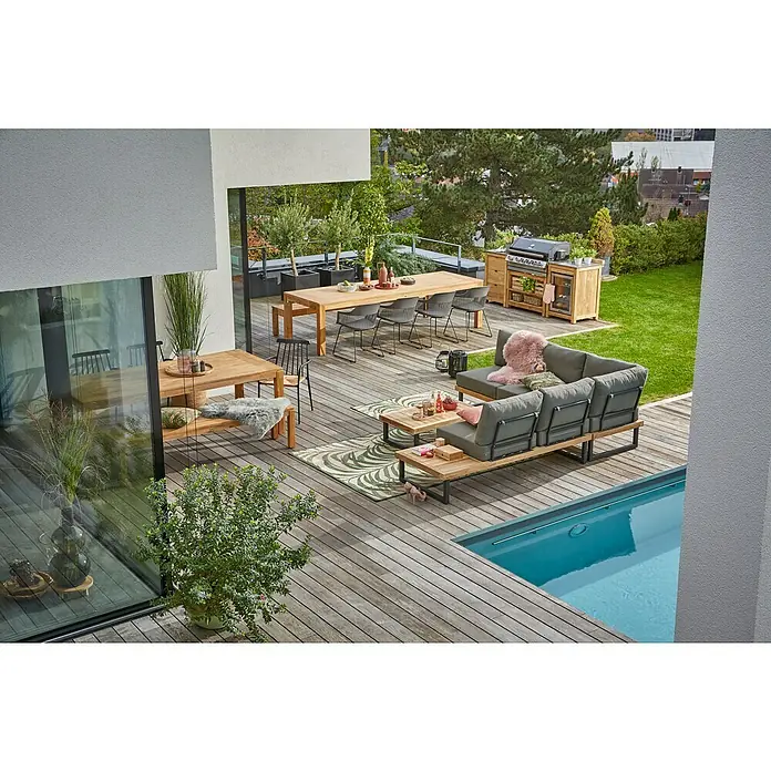 Sunfun Zoe Cocina exterior Armario bajo - Marrón, An x Pr x Al: 93 x 57,5 x 66 cm, Madera de teca - Diseño de jardín elegante con un acogedor salón, mesa de comedor y zona de parrilla junto a una refrescante piscina para horas de relax al aire libre.