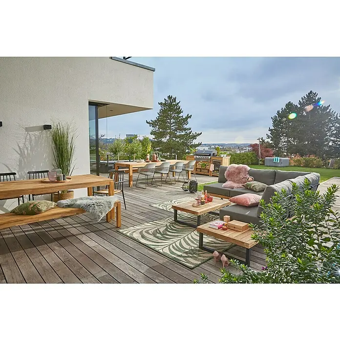 Sunfun Zoe Cocina exterior Armario bajo - Marrón, An x Pr x Al: 93 x 57,5 x 66 cm, Madera de teca - Acogedora terraza con muebles de madera, un conjunto de salón gris y cocina exterior. Relájate con estilo en este jardín.