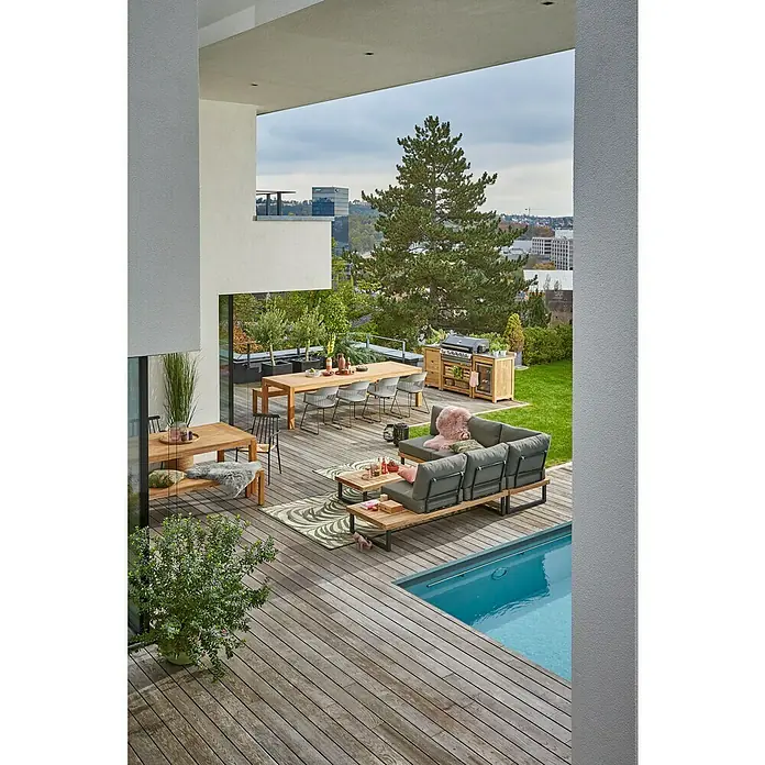 Sunfun Zoe Cocina exterior Armario bajo - Marrón, An x Pr x Al: 93 x 57,5 x 66 cm, Madera de teca - Acogedora zona exterior con una espaciosa terraza de madera, elegantes muebles de jardín y una refrescante piscina para horas de relax al aire libre.