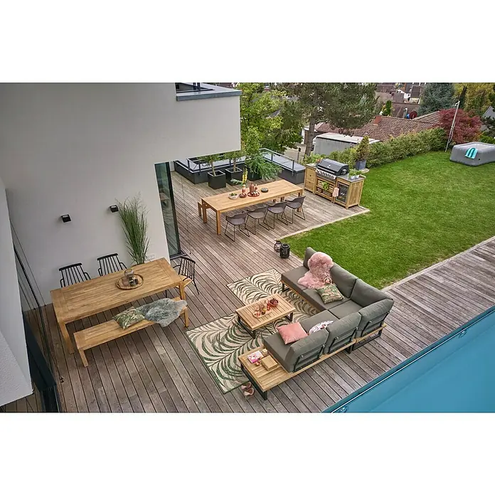 Sunfun Zoe Cocina exterior Armario bajo - Marrón, An x Pr x Al: 93 x 57,5 x 66 cm, Madera de teca - Terraza de madera con zona de estar, mesas de comedor y barbacoa. Mobiliario de jardín y equipamiento para el exterior en una terraza amplia.