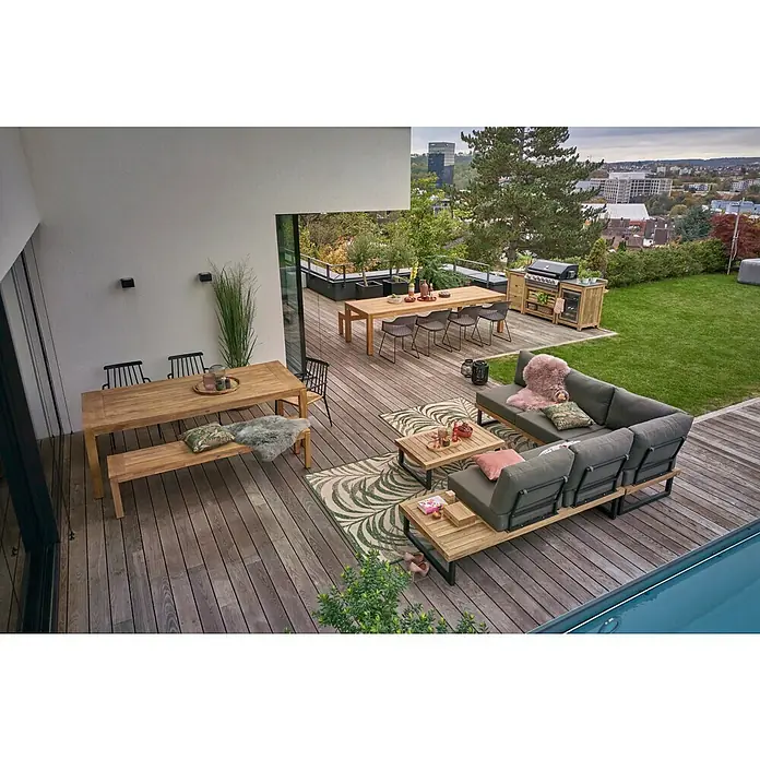 Sunfun Zoe Cocina exterior Armario bajo - Marrón, An x Pr x Al: 93 x 57,5 x 66 cm, Madera de teca - Acogedora terraza de jardín con elegantes muebles de exterior: mesas de comedor, zona de estar y parrilla para horas de relax al aire libre.
