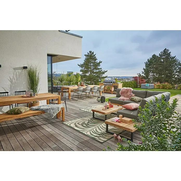 Sunfun Zoe Cocina exterior Armario bajo - Marrón, An x Pr x Al: 93 x 57,5 x 66 cm, Madera de teca - Acogedora terraza con una amplia zona de estar, mesa de comedor y área de barbacoa. Los muebles de exterior invitan a relajarse al aire libre.