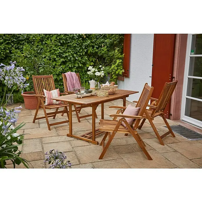 Sunfun Diana Gartentisch - L x B x H: 120 x 80 x 74 cm, Akazie, Rechteckig, Naturbraun - Holz Gartentischset mit Stühlen, perfekt für entspannte Stunden im Freien. Genießen Sie Komfort und Stil in Ihrem Garten.