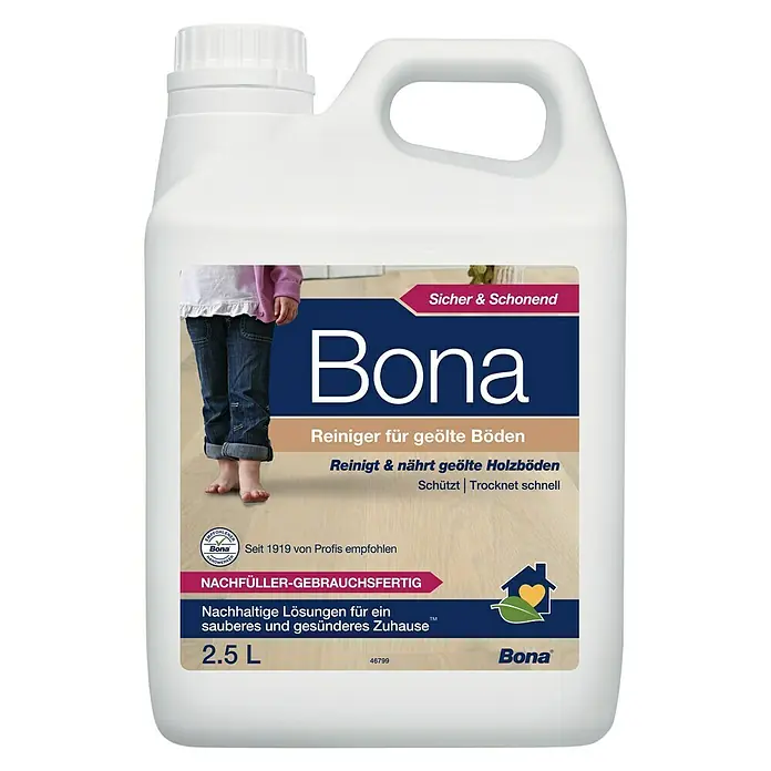 Bona Bodenreiniger Reiniger für geölte Böden - 2,5 l, Kanister - Das Bild zeigt einen 2,5-Liter-Kanister Bona Reiniger für geölte Böden, der für die Reinigung und Pflege von geölten Holzböden geeignet ist.