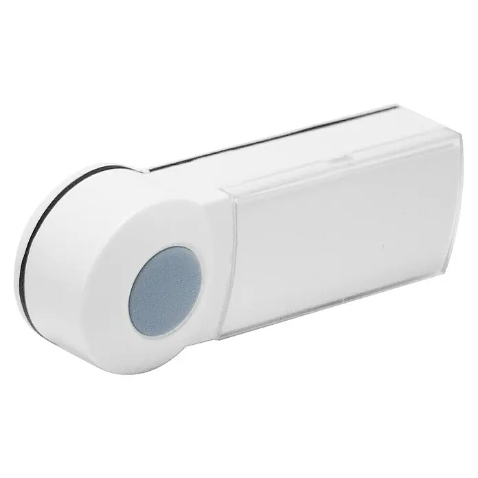 Extel Funk-Gong-Set Carillo - Reichweite ca.: 100 m, Batteriebetrieben - Nahaufnahme eines weißen, rechteckigen USB-Sticks mit abgerundetem, blauem Knopf auf schwarzem Hintergrund. Ideal für Datenspeicherung.