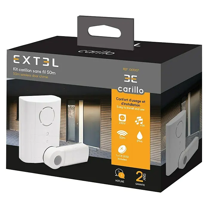 Extel Funk-Gong-Set Carillo - Reichweite ca.: 100 m, Batteriebetrieben - Verpackung einer Extel-Funkklingel mit einer Reichweite von 50 Metern, die eine einfache Installation und hohen Bedienkomfort verspricht.