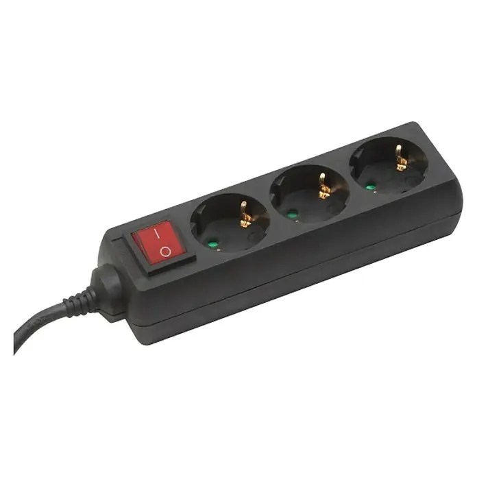 Base de enchufe múltiple - x 3, Negro, Longitud del cable: 1,4 m, Con interruptor - Regleta de alimentación negra con tres enchufes y un interruptor rojo para la conexión de energía, ideal para el hogar y la oficina.