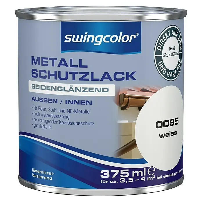 swingcolor Metall-SchutzlackWeiß, 375 ml, Seidenglänzend - Dose Swingcolor Metall Schutzlack seidenweiss, 375 ml für Eisen, Stahl und NE-Metalle, ideal für Außen- und Innenbereich.