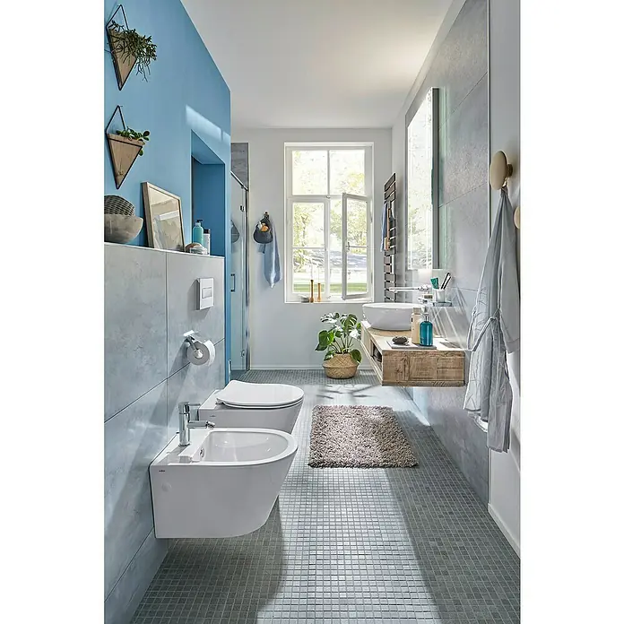 Mosaikfliese Quadrat AT 900 - 33 x 30,2 cm, Grau, Matt - Modernes Badezimmer mit Bidet und Toilette in einem stilvollen Design für ein elegantes Ambiente.