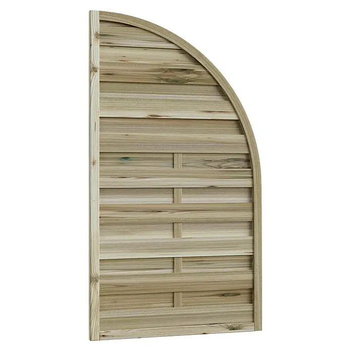 T & J Sichtschutzelement Maxi - B x H: 90 x 160 cm, Braun - Nahaufnahme eines hellen Holzzauns mit abgerundeter Oberseite und horizontalen Latten, ideal für Gärten.