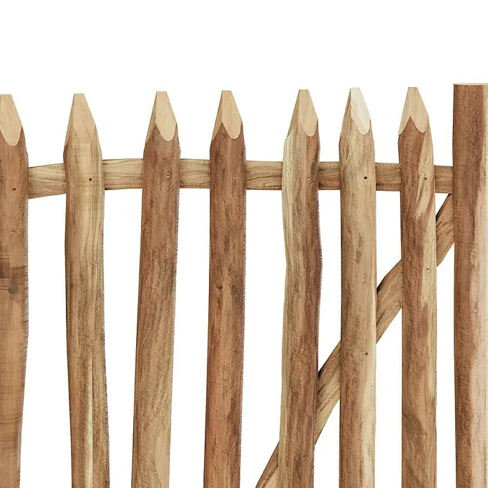 T & J Zauntor - 100 x 8 cm, Ohne Beschläge, Holz, Braun - Detailaufnahme eines rustikalen Holzzauns mit spitzen Pfählen, der traditionelle Handwerkskunst und natürliche Ästhetik vereint.